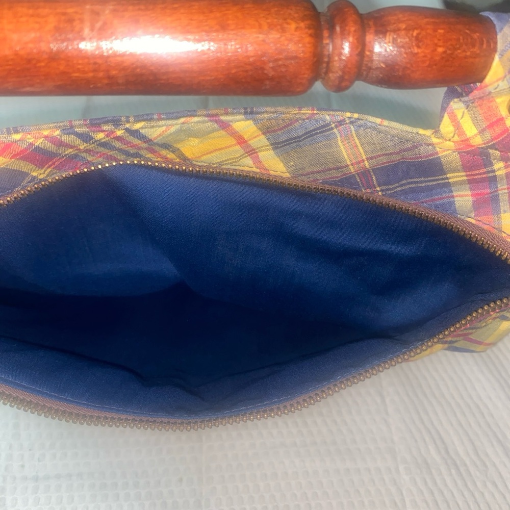 Vintage Granny Core purse/tote Yellow and blue plaid With Wooden Handle - Picture 3 of 7
